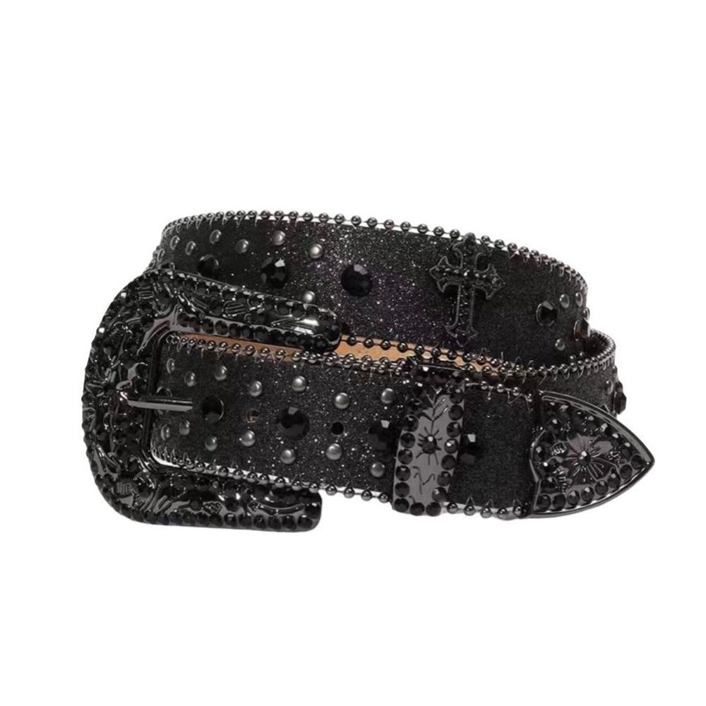 Men’s Black Diamond Rhinestone Leather Cross Streetwear Belt Size 40